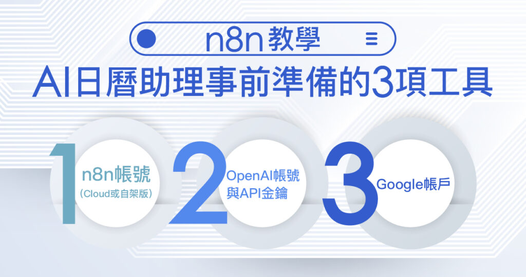 n8n 教學:AI 日曆自動化事前準備三項工具(n8n 帳號、OpenAI API、Google 帳號)