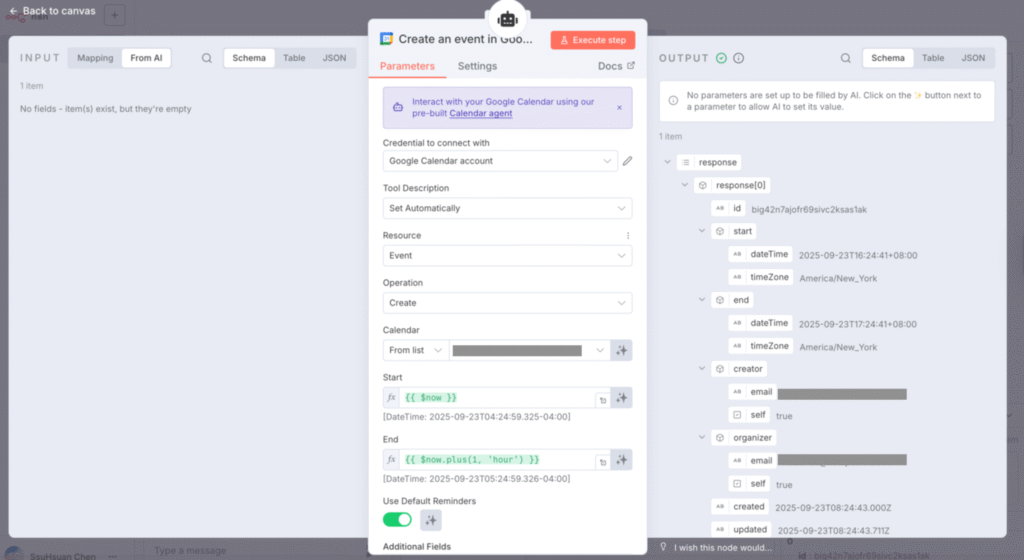 在 n8n 中設定兩個 Google Calendar 節點(分別用於讀取和建立事件),此圖片為建立事件