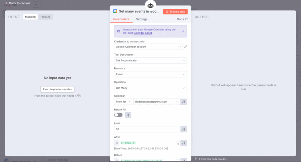 在 n8n 中設定兩個 Google Calendar 節點(分別用於讀取和建立事件),此圖片為取得資料