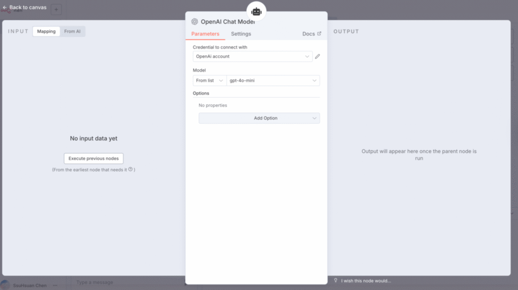 n8n 中設定 OpenAI Chat Model 節點,選擇 gpt-4o 模型並填入 API 金鑰
