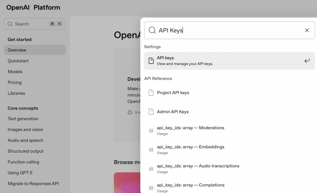 取得你的 OpenAI API Key:首先登入 OpenAI 帳號、登入後進入 API Keys頁面