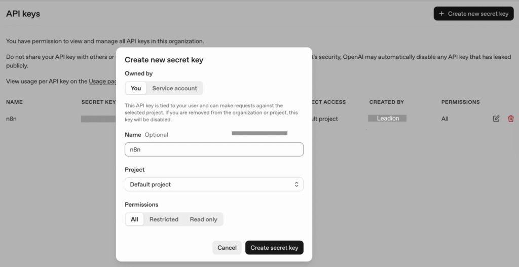 取得你的 OpenAI API Key:創建 API Key,完成欄位取得 API