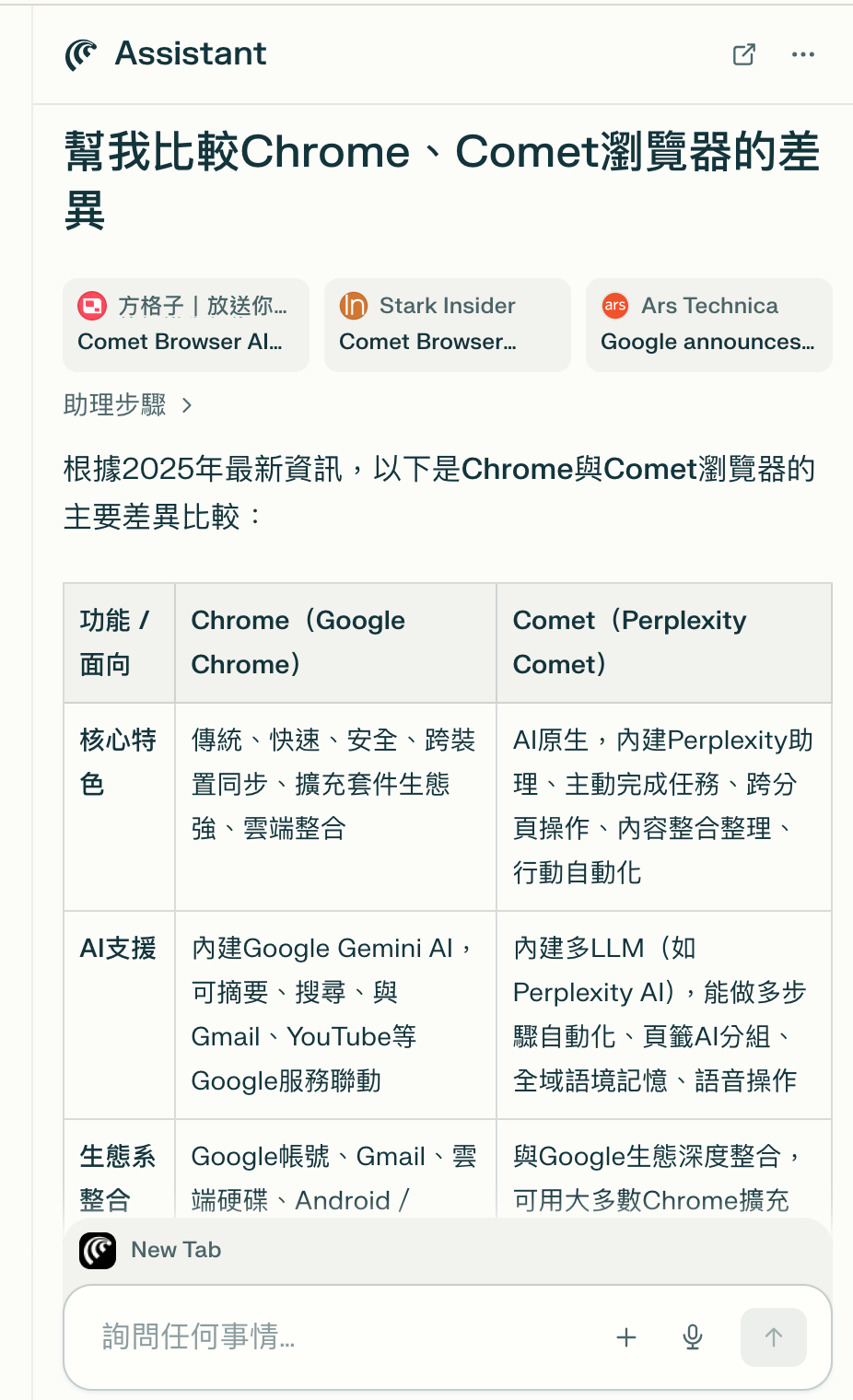 Comet Assistant（AI 側邊助理）實際操作介面