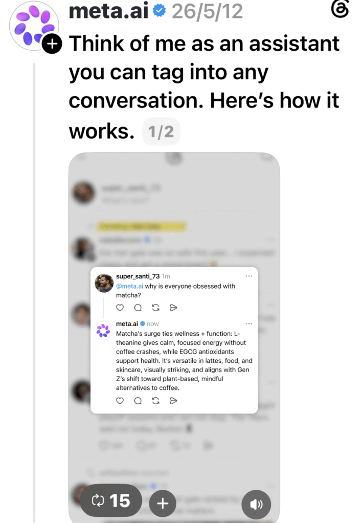 Threads Meta AI 使用範例,使用者在串文中標註 @meta.ai,讓 Meta AI 以公開回覆方式加入對話並回答問題。