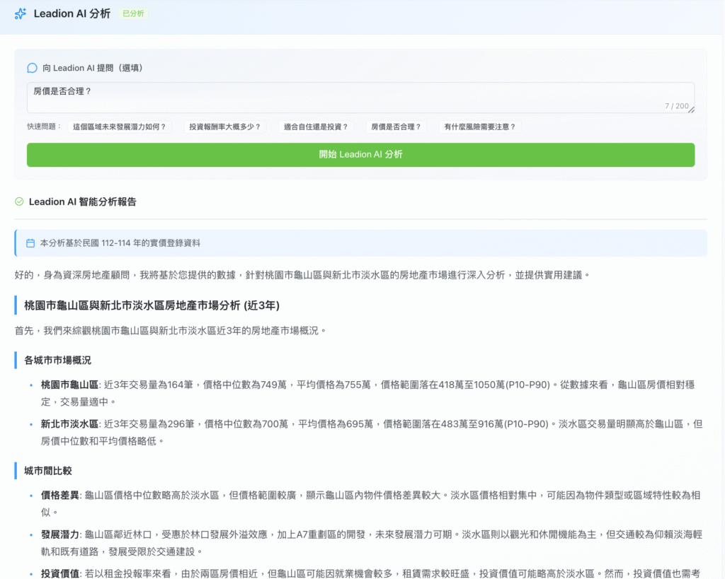 Leadion AI 房價快查工具使用介面：智能分析報告