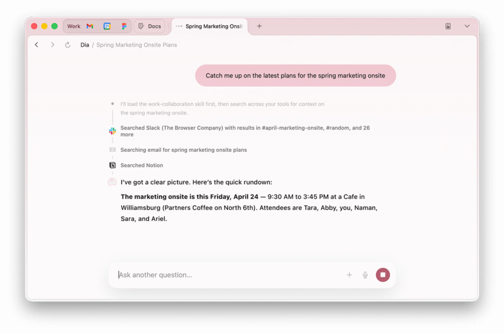 Dia Browser 介面示意圖,AI 助手搜尋 Slack、Email 與 Notion 資訊,並整理春季行銷會議計畫重點