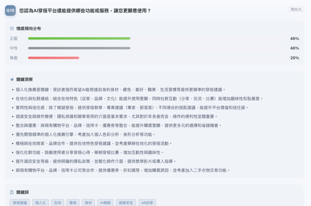 Leadion AI 生成用戶使用功能第四步：提供用戶填寫完的答案分佈，並針對單一問題，提供關鍵洞察