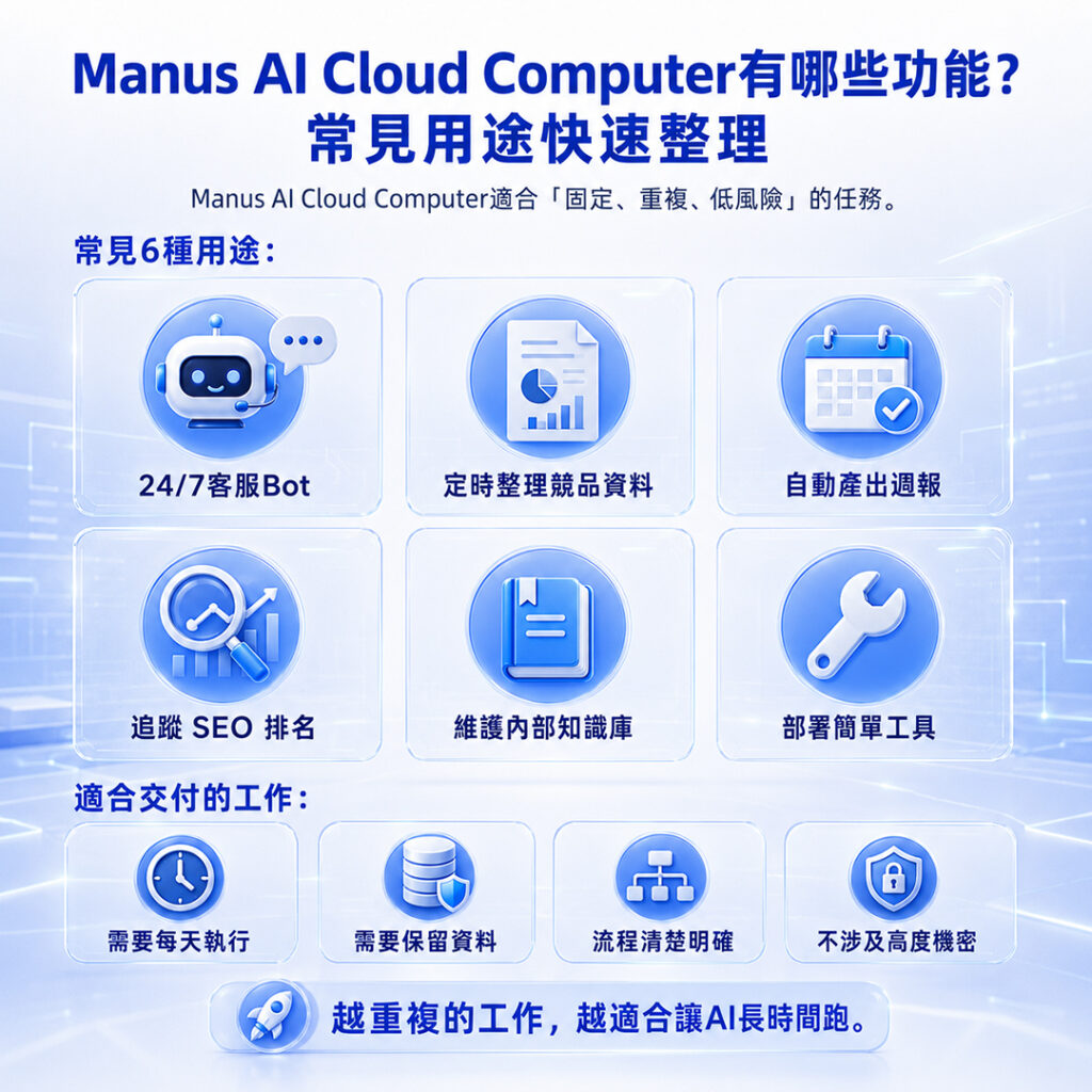 Manus AI Cloud Computer 功能包含 24/7 Bot、Python 腳本運行、知識庫維護、定時爬蟲與自動報告產出。