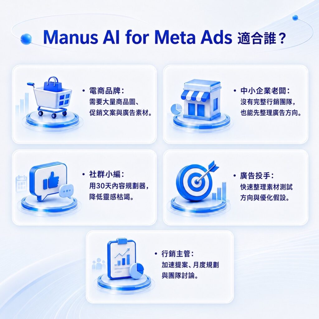 Manus AI for Meta Ads 適合電商品牌、中小企業、社群小編、廣告投手與行銷主管，用於 Meta Ads 廣告內容規劃。
