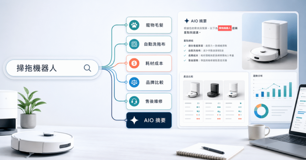 AI Overview 時代，Google 將掃拖機器人關鍵字展開成消費情境與品牌比較的搜尋意圖監測示意圖