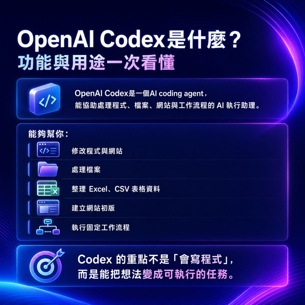 OpenAI Codex 是 AI coding agent，可協助寫程式、修改網站、整理 CSV Excel 資料與建立自動化工作流程。