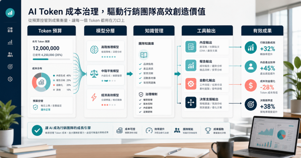 企業從 AI 導入焦慮走向 Token 成本治理的行銷工作流示意圖