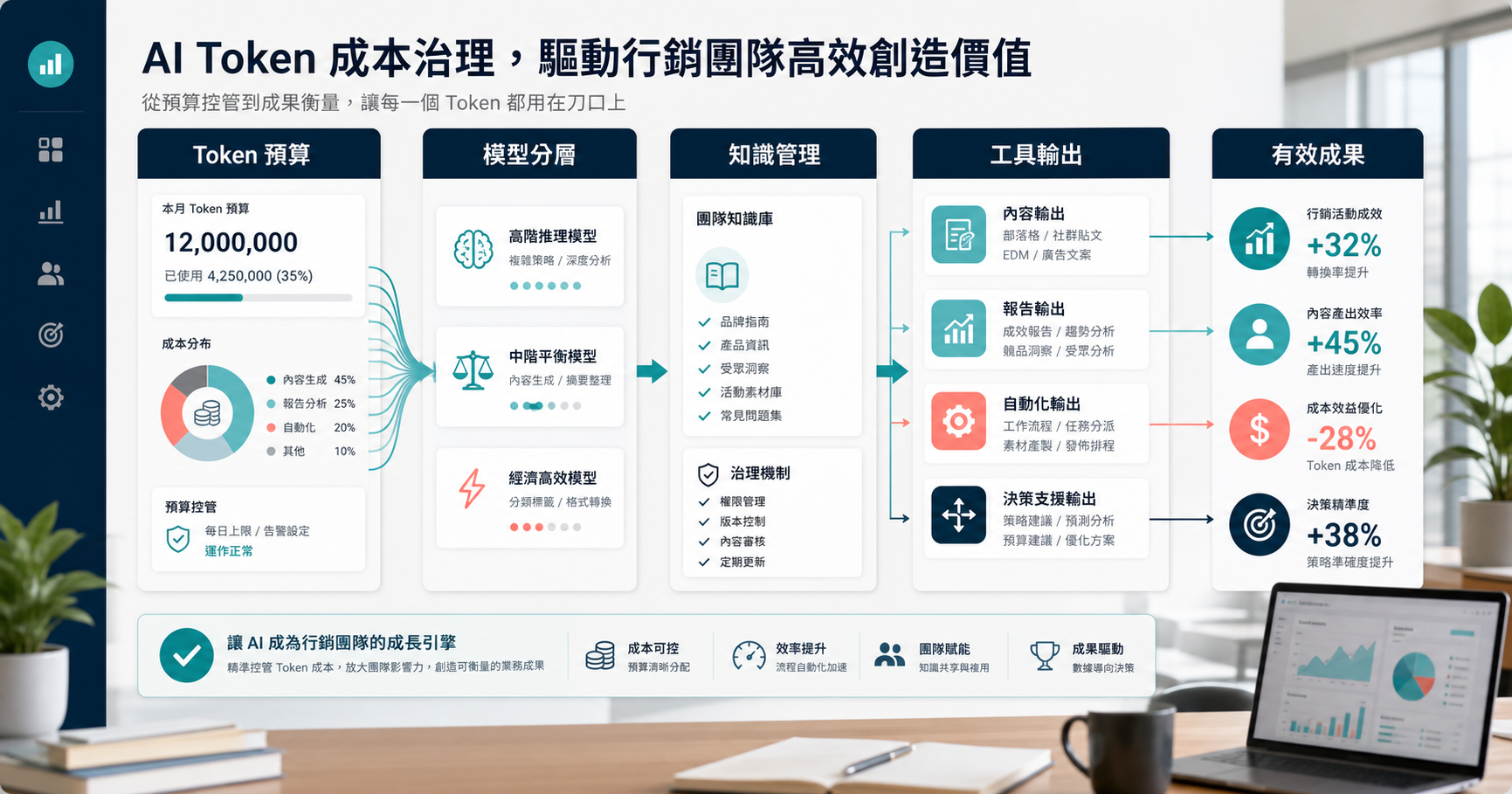 企業從 AI 導入焦慮走向 Token 成本治理的行銷工作流示意圖